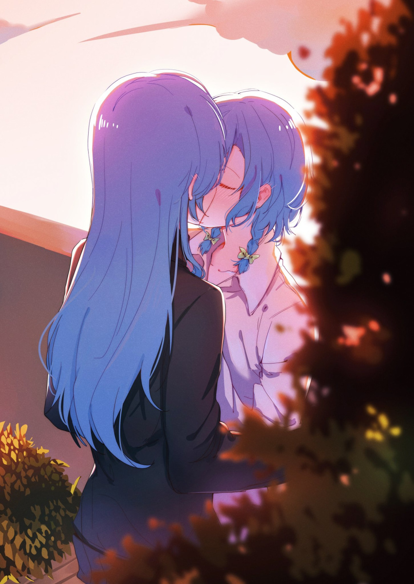 2girls, aqua_hair, bang_dream!, black_shirt, blush, bow, braid, closed_eyes, from_behind, hair_bow, highres, hikawa_hina, hikawa_sayo, implied_kiss, incest, long_hair, medium_hair, multiple_girls, shirt, siblings, sisters, spotlight_l, twin_braids, twincest, twins, white_shirt, yuri