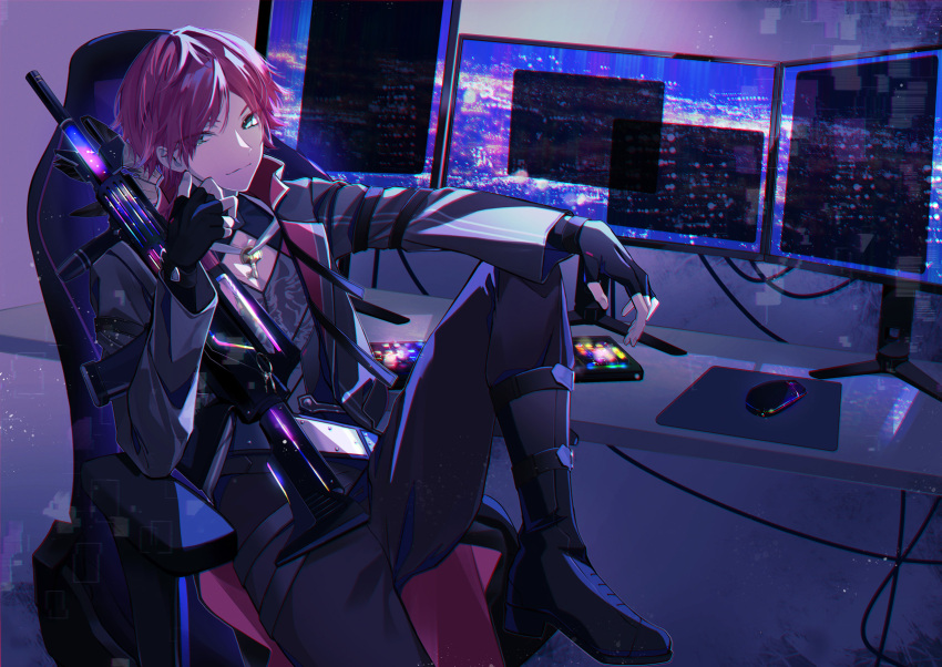 1boy, black_gloves, black_jacket, black_pants, boots, fingerless_gloves, front_ponytail, gloves, green_eyes, gun, highres, jacket, keyboard_(computer), lauren_iroas, lauren_iroas_(1st_costume), long_hair, male_focus, monitor, mouse_(computer), multiple_monitors, nijisanji, open_clothes, open_jacket, pants, redhead, smile, solo, tomo7xxxx, virtual_youtuber, weapon