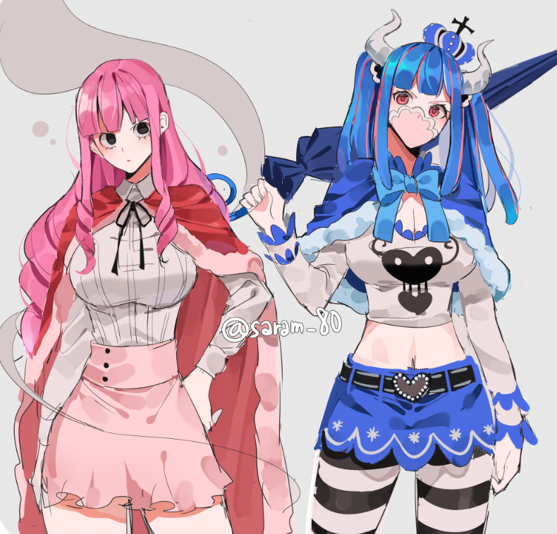 2girls, belt, black_bow, black_eyes, blue_bow, blue_capelet, blue_hair, blue_skirt
