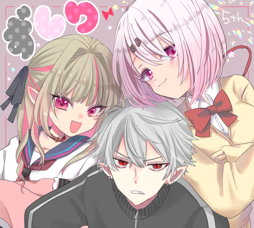 1boy, 2girls, blonde_hair, blue_sailor_collar, bow, bowtie, cardigan, collared_shirt
