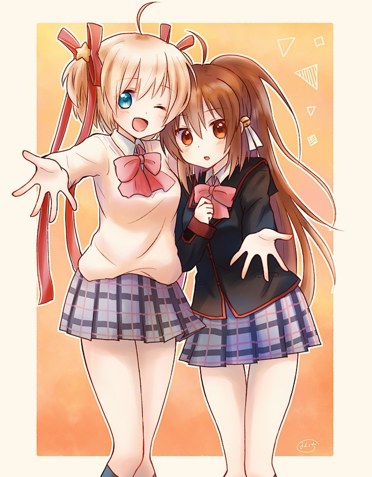 2girls, ;d, ahoge, aqua_eyes, bell, black_jacket, blonde_hair, blush