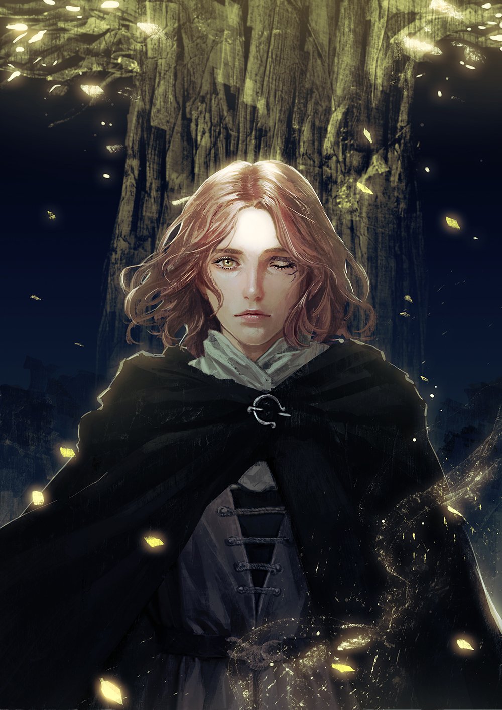 1girl, black_cloak, bob_cut, cloak, closed_mouth, elden_ring, erdtree_(elden_ring), facial_tattoo