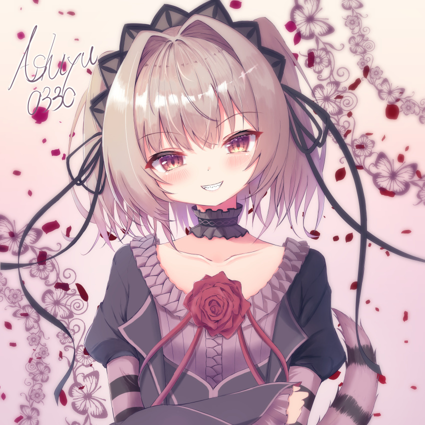 1girl, absurdres, animal_print, ashiyu0330, black_choker, black_dress, black_hairband, black_ribbon
