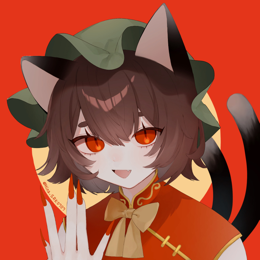 1girl, \||/, animal_ears, artist_name, bow, bowtie, brown_eyes, brown_hair, cat_ears, cat_tail, chen, commentary, double-parted_bangs, eyebrows_hidden_by_hair, eyelashes, eyes_visible_through_hair, fingernails, gold_trim, green_headwear, hair_between_eyes, hand_up, hat, highres, hina_(uhnt4478), long_fingernails, looking_at_viewer, mob_cap, multiple_tails, nail_polish, nekomata, portrait, red_background, red_nails, red_vest, sharp_fingernails, short_hair, simple_background, slit_pupils, solo, symbol-only_commentary, tail, touhou, two_tails, upper_body, vest