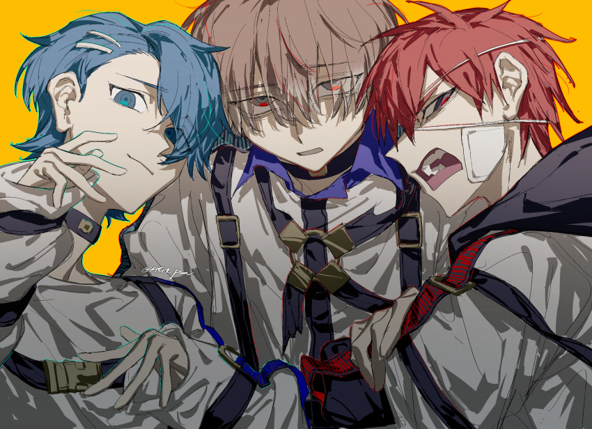 3boys, ash_(ash_proc), bandaid, bandaid_on_face, black_choker, black_garter_straps, blue_eyes, blue_hair, brown_eyes, choker, closed_mouth, eyepatch, facing_to_the_side, facing_viewer, garter_straps, grey_eyes, highres, kajiyama_fuuta, kayano_mikoto, looking_at_viewer, male_focus, milgram, multiple_boys, open_mouth, redhead, sakurai_haruka_(milgram), straitjacket, teeth, twitter_username, yellow_background
