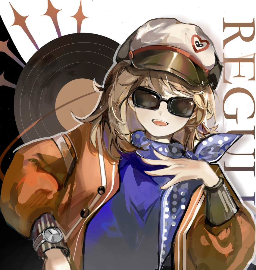 1girl, bandana, black_background, blue_bandana, blue_shirt, brown_hair, character_name, commentary
