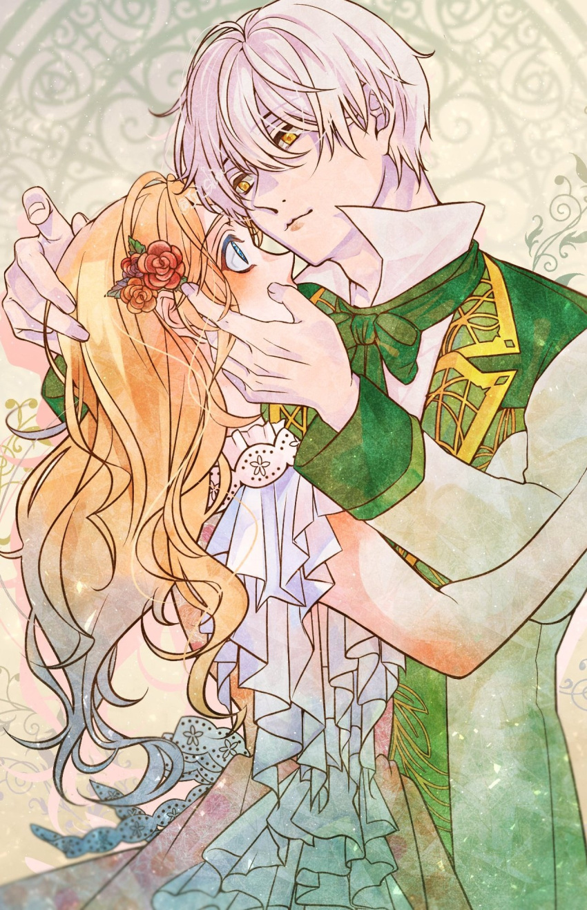 1boy, 1girl, aruhi_ohimesama_ni_natteshimatta_ken_ni_tsuite, athanasia_de_alger_obelia, blonde_hair, blush, bow, dress