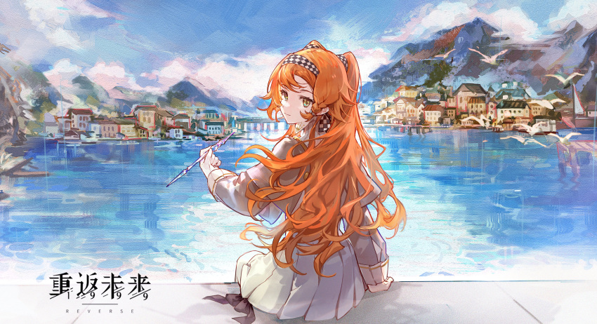 1girl, absurdres, blue_sky, brown_eyes, building, cape, checkered_hairband, closed_mouth