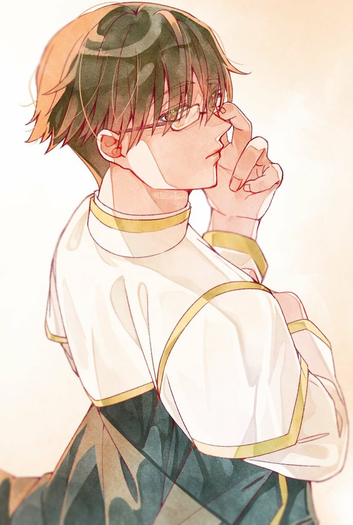 1boy, glasses, green_eyes, green_hair, kesyeru, land_(sousou_no_frieren), long_sleeves, looking_at_viewer, looking_back, male_focus, short_hair, simple_background, solo, sousou_no_frieren, twitter_username, upper_body, watermark