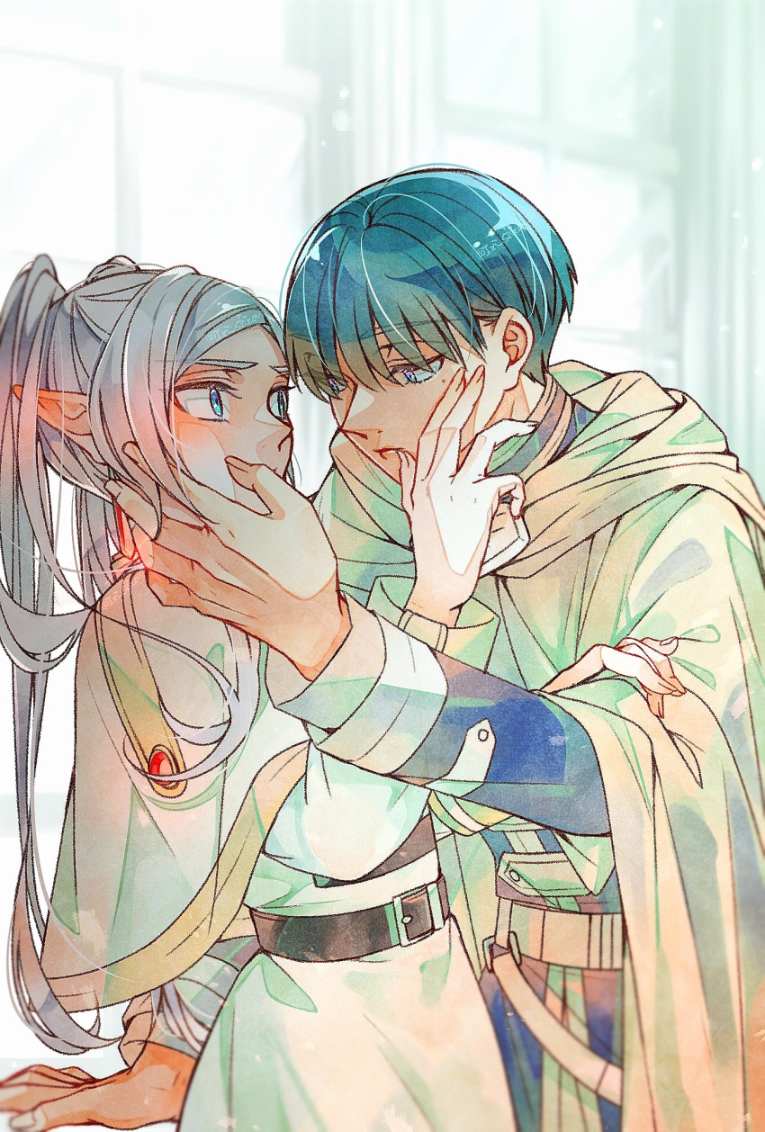1boy, 1girl, blue_eyes, blue_hair, blurry, blurry_background, cape, capelet