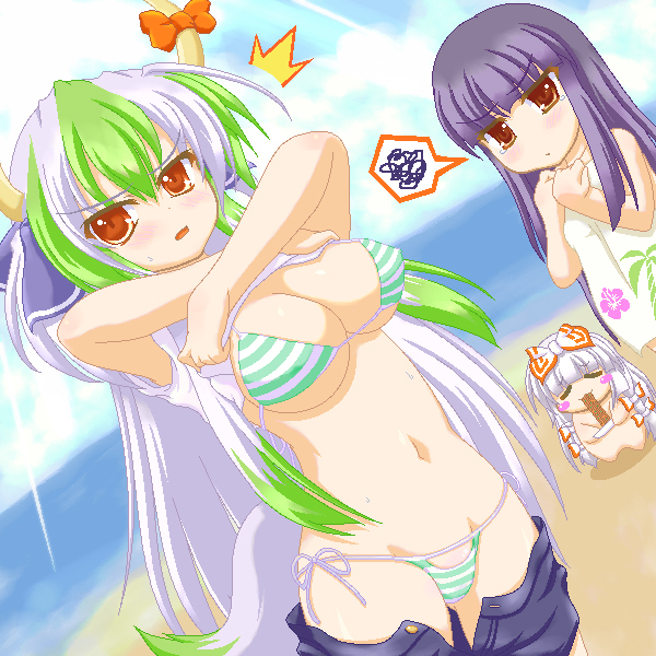 3girls, beach, bikini, black_hair, bow, breast_envy, breasts, chibi