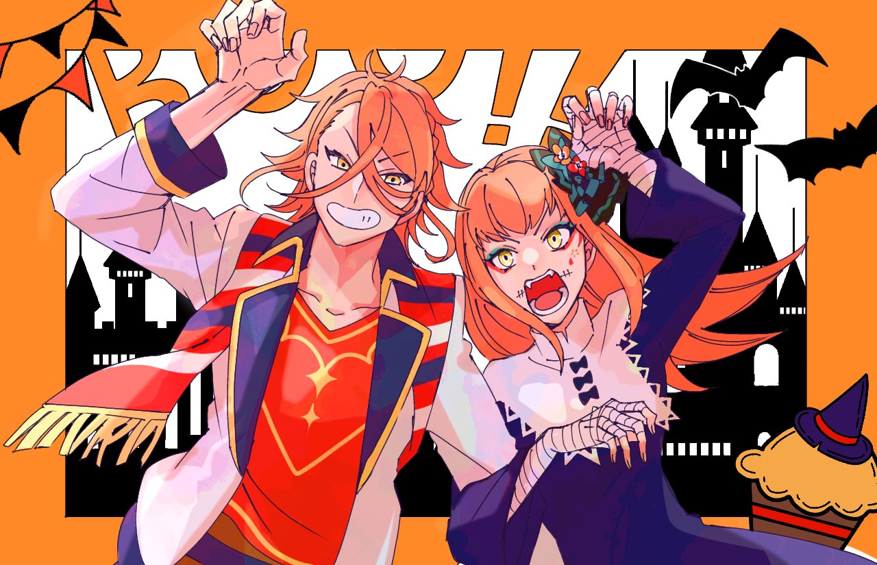 1boy, 1girl, bandaged_arm, bandages, brother_and_sister, dress, e8coofn0klibdx1, facial_mark, fire_emblem, fire_emblem_engage, hair_ornament, halloween, long_hair, long_sleeves, makeup, open_mouth, orange_hair, pandreo_(fire_emblem), panette_(fire_emblem), sharp_teeth, short_hair, siblings, teeth, yellow_eyes