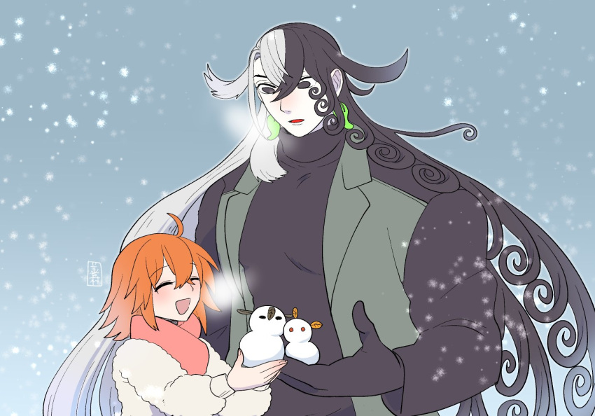 1boy, 1girl, alternate_costume, ashiya_douman_(fate), blush, commentary_request, fate/grand_order, fate_(series), fujimaru_ritsuka_(female), height_difference, jacket, outdoors, smile, snowing, snowman, turtleneck, winter_clothes, yoshimura
