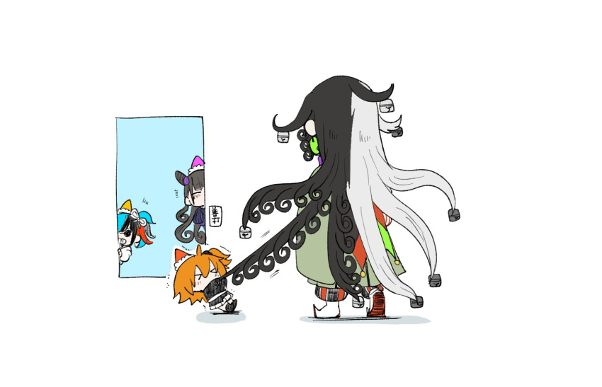 >_<, 1boy, 3girls, ashiya_douman_(fate), black_hair, blue_hair, chibi, clenched_teeth