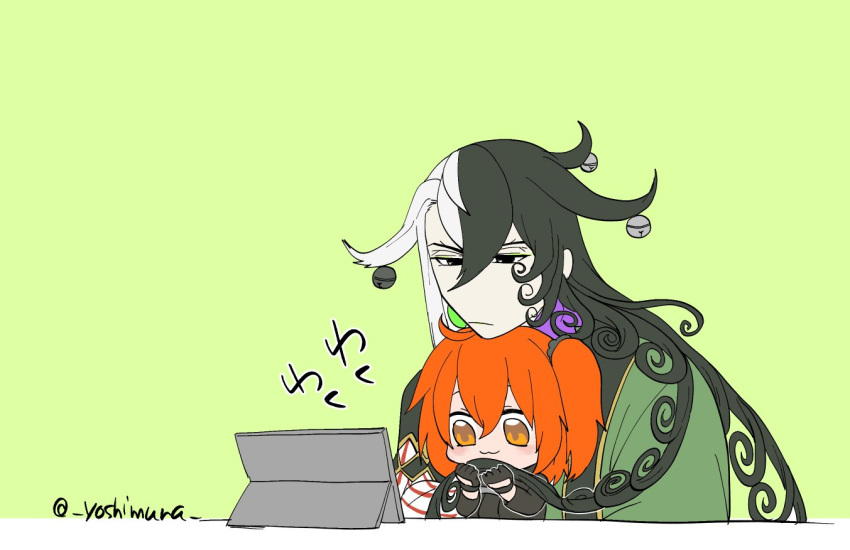 1boy, 1girl, :3, ashiya_douman_(fate), black_hair, commentary_request, fate/grand_order, fate_(series)
