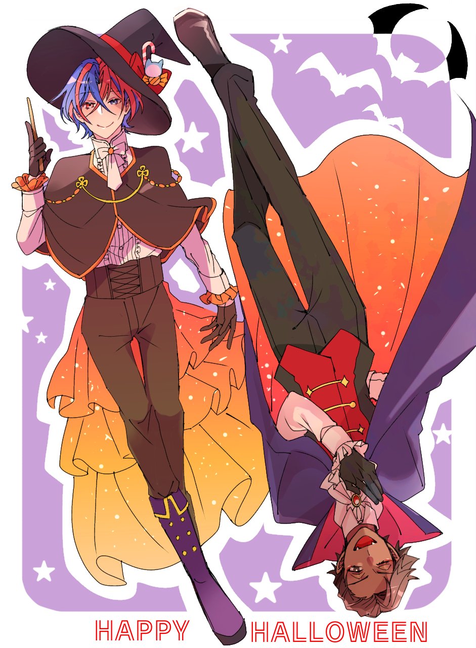 2boys, alear_(fire_emblem), alear_(male)_(fire_emblem), black_gloves, blue_eyes, blue_hair, cloak, closed_mouth, crossed_bangs, dark-skinned_male, dark_skin, e8coofn0klibdx1, fire_emblem, fire_emblem_engage, fogado_(fire_emblem), full_body, gloves, hair_between_eyes, halloween_costume, hat, heterochromia, high_collar, highres, male_focus, multicolored_hair, multiple_boys, one_eye_closed, red_eyes, redhead, short_hair, smile, split-color_hair, two-tone_hair, vampire, witch_hat