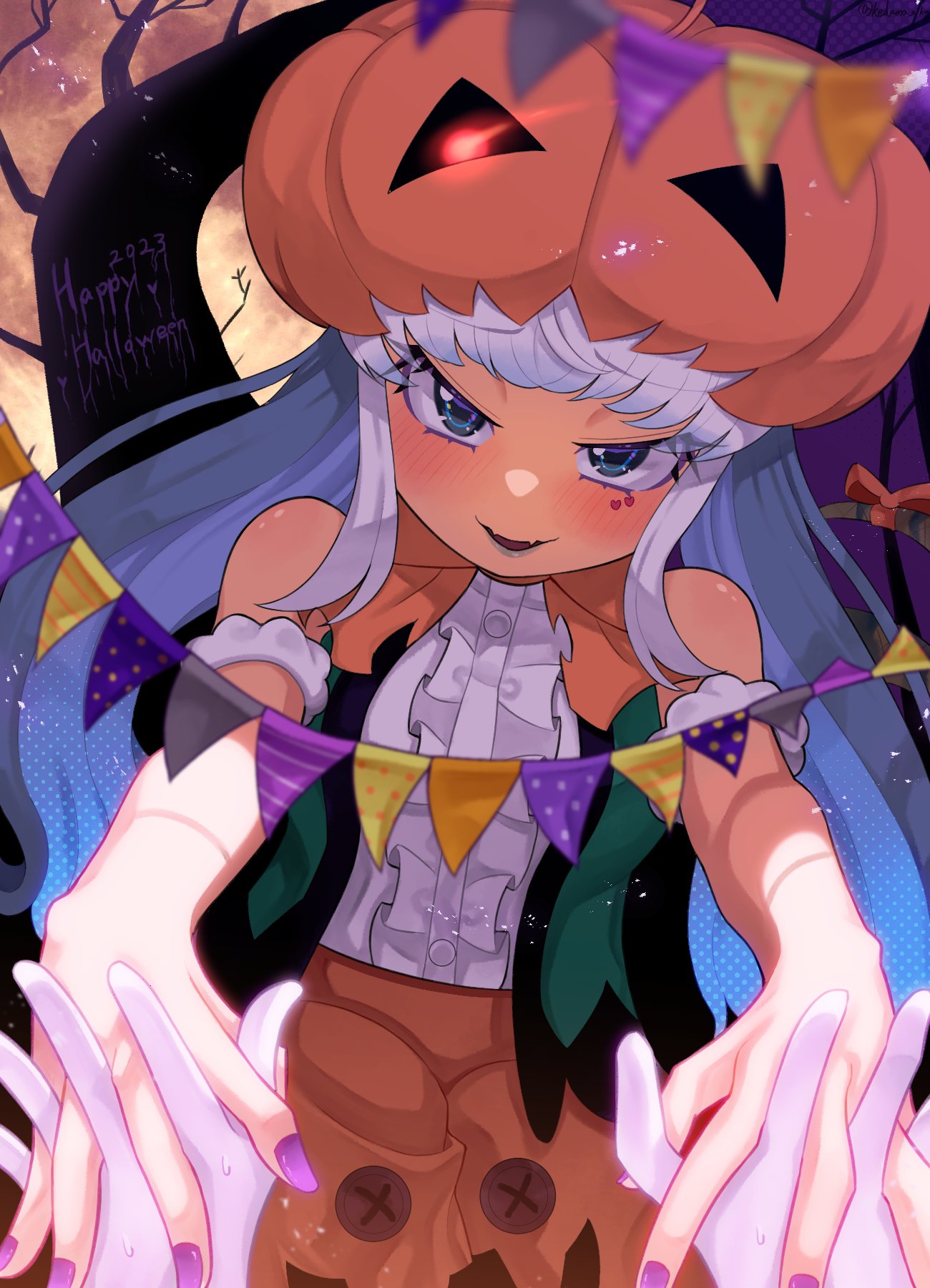 bare_shoulders, blue_eyes, blue_hair, blush, center_frills, cosplay, fangs, frills