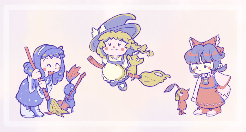 3girls, ^_^, absurdres, black_footwear, black_headwear, blonde_hair, blue_pikmin, boots