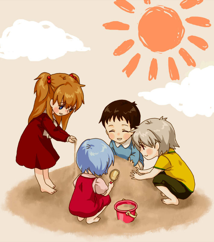 2boys, 2girls, ayanami_rei, back, blue_eyes, blue_hair, blue_shirt, blush