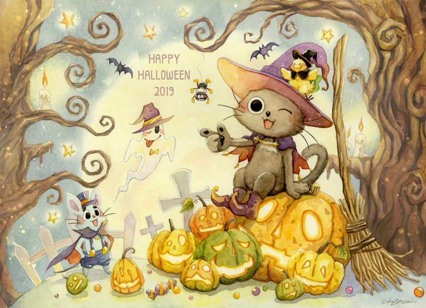 6+others, ;p, animal_on_head, artist_name, bat_(animal), bird, black_headwear, boots, broom, bug, candle, cape, cat, chick, ciro_ukai, dated, fire, ghost, halloween, halloween_costume, happy_halloween, hat, jack-o'-lantern, mouse, night, night_sky, no_humans, on_head, one_eye_closed, original, outdoors, pointing, pumpkin, sitting, sky, spider, suspenders, tombstone, tongue, tongue_out, traditional_media, tree, wizard_hat, wrapped_candy