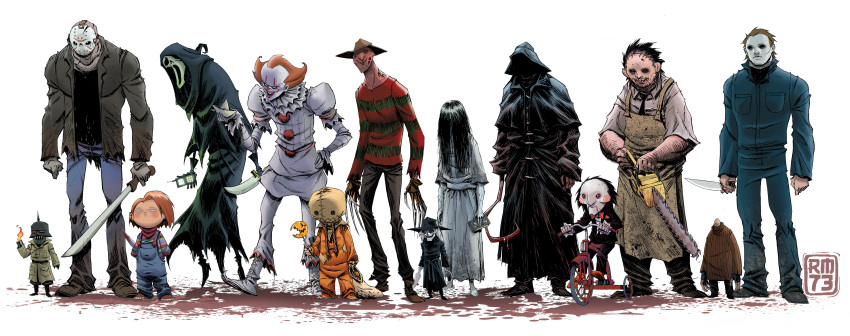 1girl, 1other, 6+boys, a_nightmare_on_elm_street, absurdres, black_cloak, chainsaw, character_request