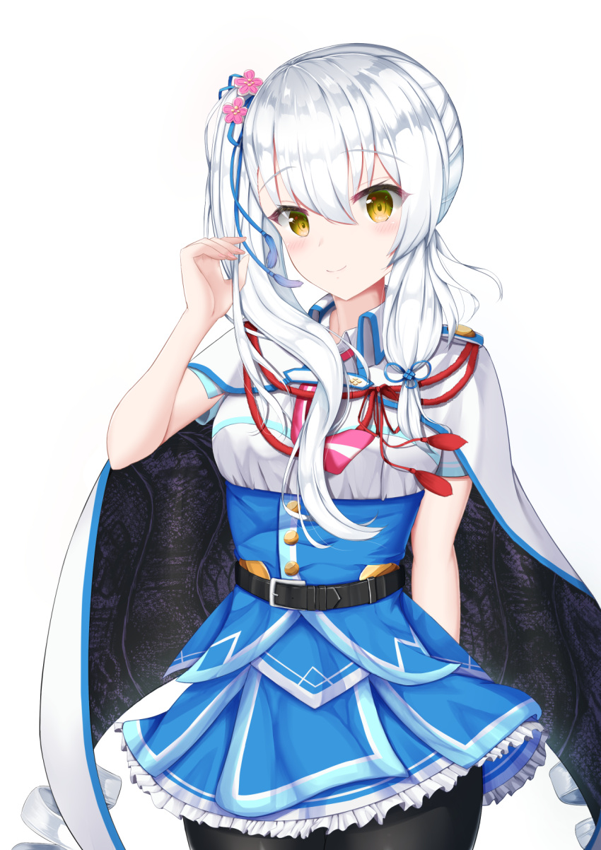1girl, arm_behind_back, belt, black_belt, black_cape, black_pantyhose, blue_skirt, blue_tassel
