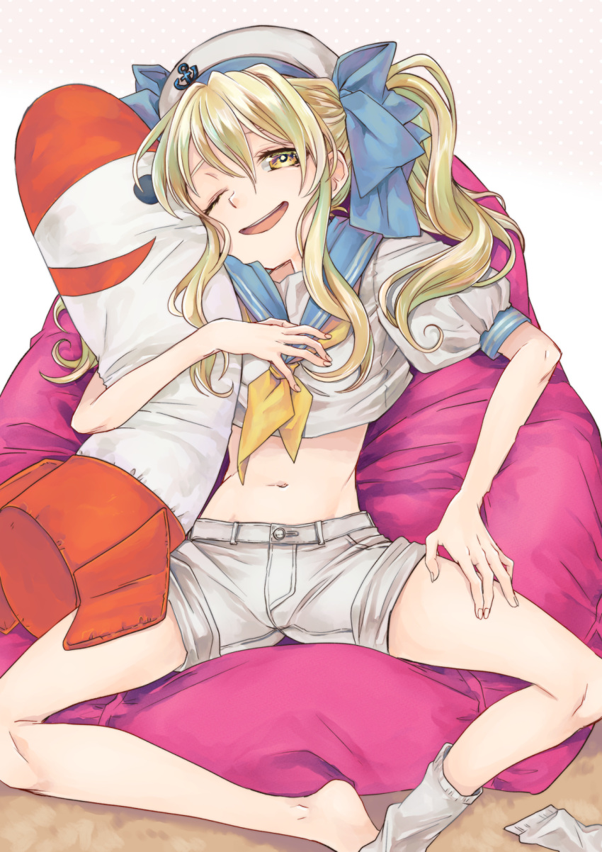 1girl, blonde_hair, commission, highres, hugging_object, kitashirakawa_chiyuri, pillow, sailor_collar
