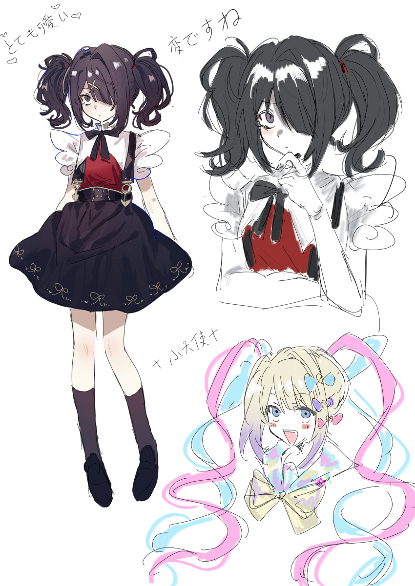 2girls, absurdres, ame-chan_(needy_girl_overdose), black_eyes, black_footwear, black_hair, black_ribbon, black_skirt