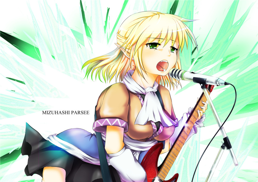blonde_hair, english, ging_(tokushima), green_eyes, guitar, highres, instrument, microphone