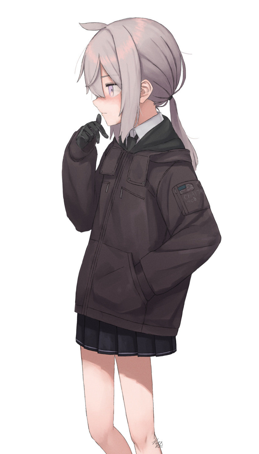 absurdres, ahoge, american_flag, black_gloves, brown_jacket, girls_frontline, gloves, hand_in_panties, highres, jacket, m200_(girls'_frontline), miniskirt, origumi, panties, ponytail, skirt, underwear, violet_eyes, zipper, zipper_pull_tab