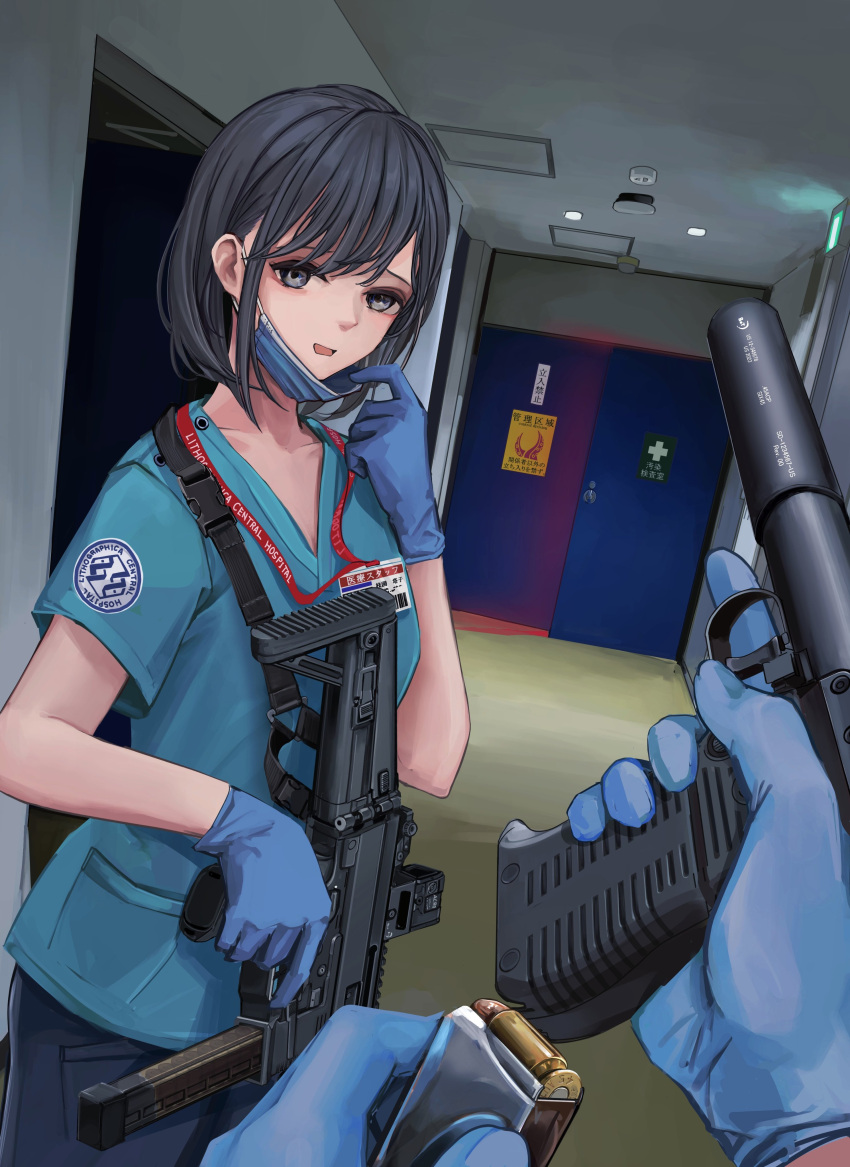 1girl, absurdres, b&amp;t_apc, b&amp;t_vp9, black_hair, blue_eyes, blue_pants, blue_shirt