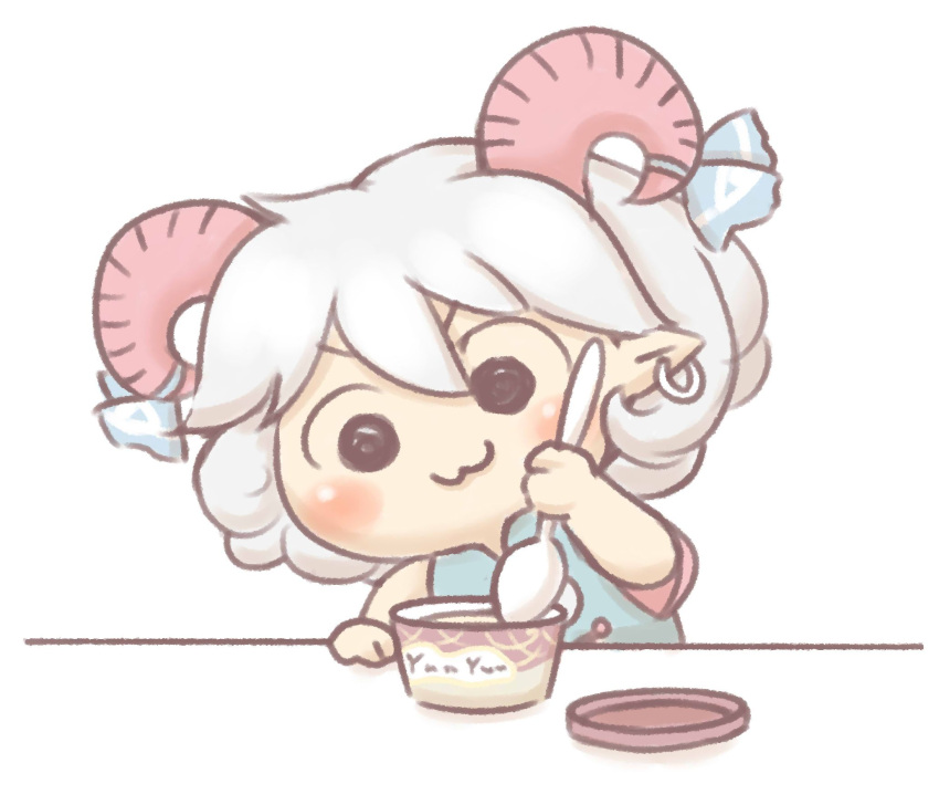 1girl, :3, black_eyes, blush, chibi, closed_mouth, commentary_request, curly_hair, earrings, haagen-dazs, hair_between_eyes, highres, holding, holding_spoon, horn_ornament, horn_ribbon, horns, ice_cream_cup, jewelry, medium_bangs, pointy_ears, rass-mameki, red_horns, ribbon, sheep_horns, short_hair, simple_background, smile, solo, spoon, touhou, toutetsu_yuuma, upper_body, v-shaped_eyebrows, white_background