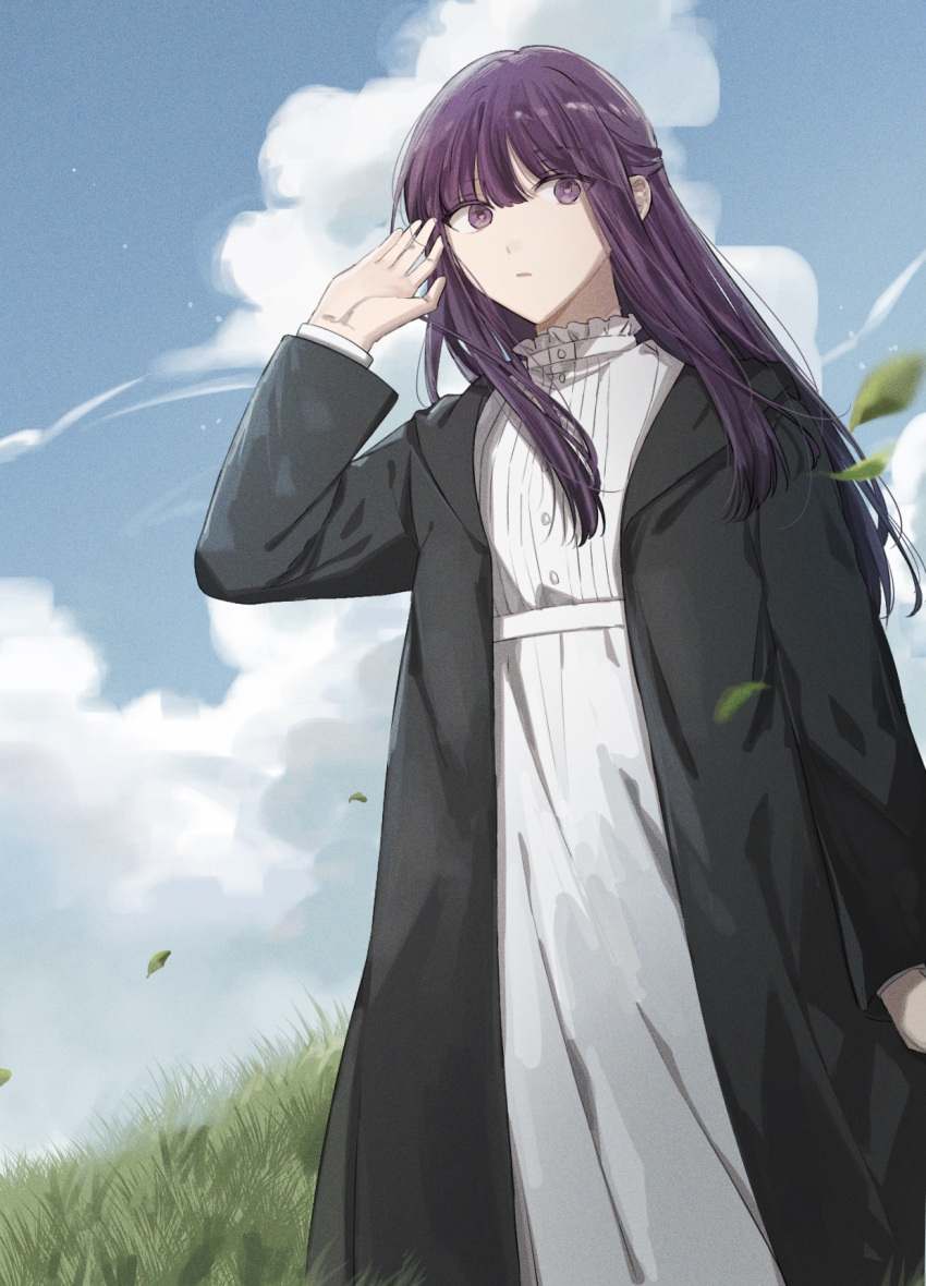 1girl, black_coat, closed_mouth, coat, dress, field, hand_up, highres