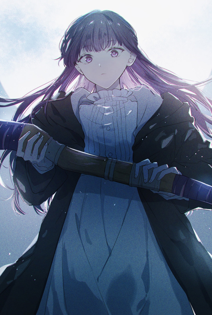 1girl, black_coat, closed_mouth, coat, dress, fern_(sousou_no_frieren), highres, holding
