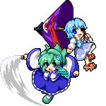 blue_hair, geta, green_hair, heterochromia, karakasa_obake, kochiya_sanae, long_hair, lowres