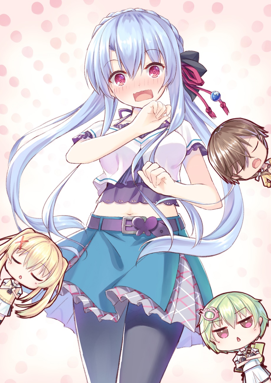 2boys, 2girls, animal_print, aqua_skirt, belt, black_belt, black_bow, black_pantyhose
