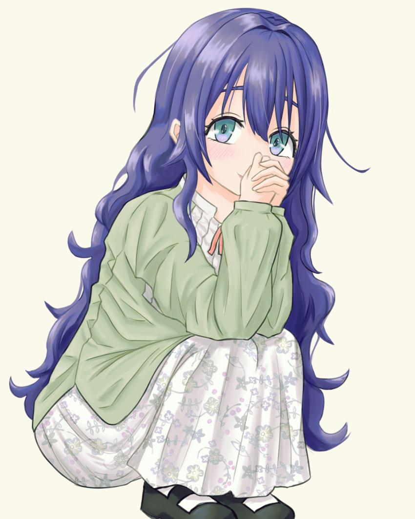 1girl, aqua_eyes, black_footwear, blue_hair, eyeinsect, full_body, green_shirt, highres, kimi_no_koto_ga_dai_dai_dai_dai_daisuki_na_100-nin_no_kanojo, long_hair, long_sleeves, mary_janes, own_hands_together, shirt, shoes, simple_background, skirt, socks, solo, squatting, very_long_hair, wavy_hair, white_background, white_skirt, white_socks, yoshimoto_shizuka