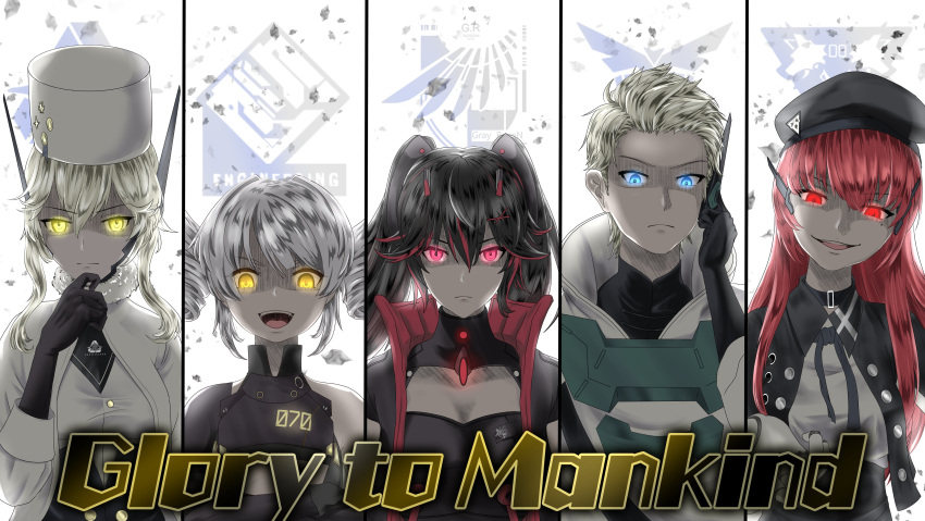 1boy, 4girls, absurdres, bianca:_zero_(punishing:_gray_raven), black_choker, black_coat, black_dress, black_hair, black_headwear, black_jacket, black_shirt, blonde_hair, blue_eyes, choker, chrome:_arclight_(punishing:_gray_raven), chrome_(punishing:_gray_raven), coat, column_lineup, commentary_request, dress, drill_hair, english_text, evil_smile, fur_hat, fur_trim, glowing, glowing_eyes, hat, highres, jacket, karenina:_ember_(punishing:_gray_raven), long_hair, lucia:_plume_(punishing:_gray_raven), mechanical_arms, mechanical_parts, multicolored_hair, multiple_girls, open_mouth, papakha, parted_bangs, punishing:_gray_raven, red_eyes, redhead, rusha2197, shirt, short_hair, short_hair_with_long_locks, sidelocks, single_bare_arm, single_mechanical_arm, smile, streaked_hair, surcoat, teeth, twin_drills, upper_teeth_only, vera_(punishing:_gray_raven), white_dress, white_headwear, white_jacket, white_shirt, yellow_eyes