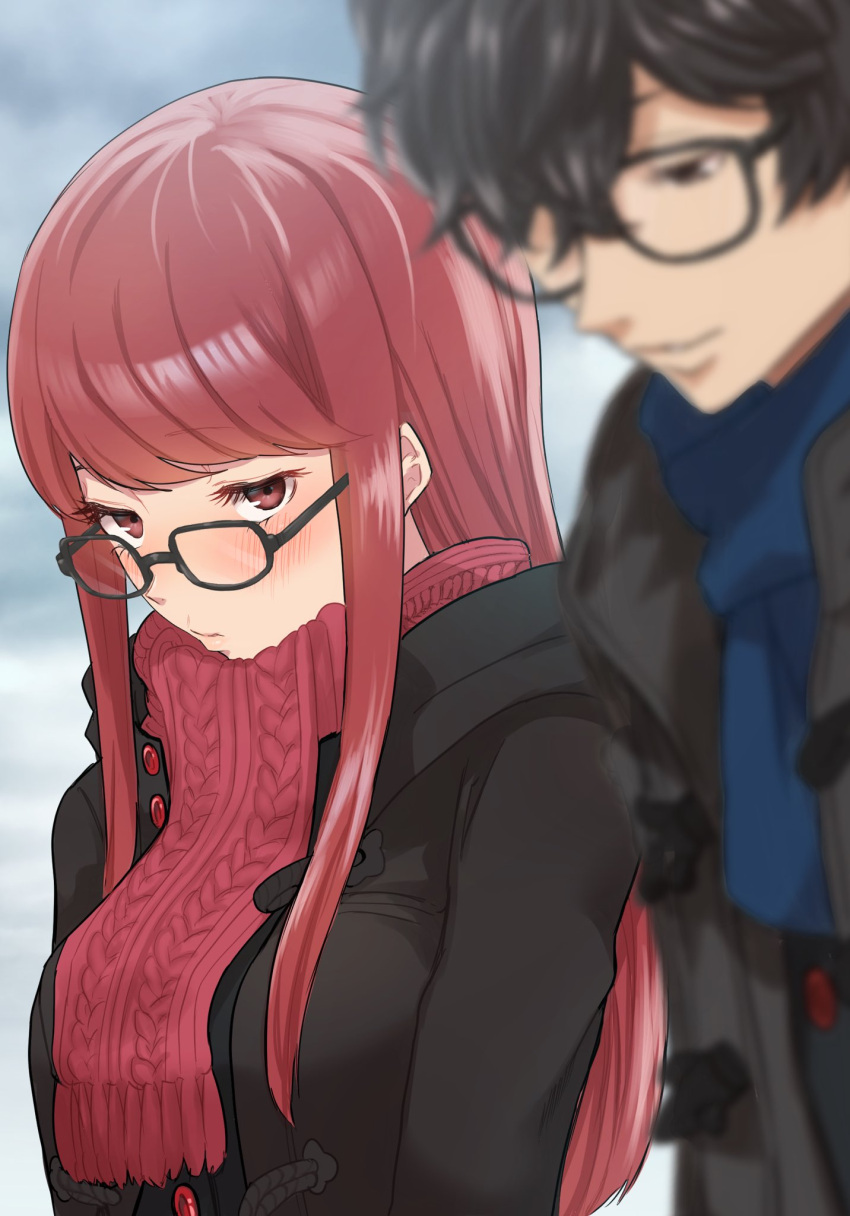 1boy, 1girl, amamiya_ren, black-framed_eyewear, black_coat, black_hair, blue_scarf, blurry
