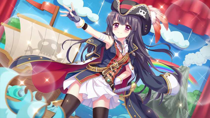 1girl, black_hair, black_headwear, black_thighhighs, blue_coat, blue_gloves, blue_sky, captain_hook