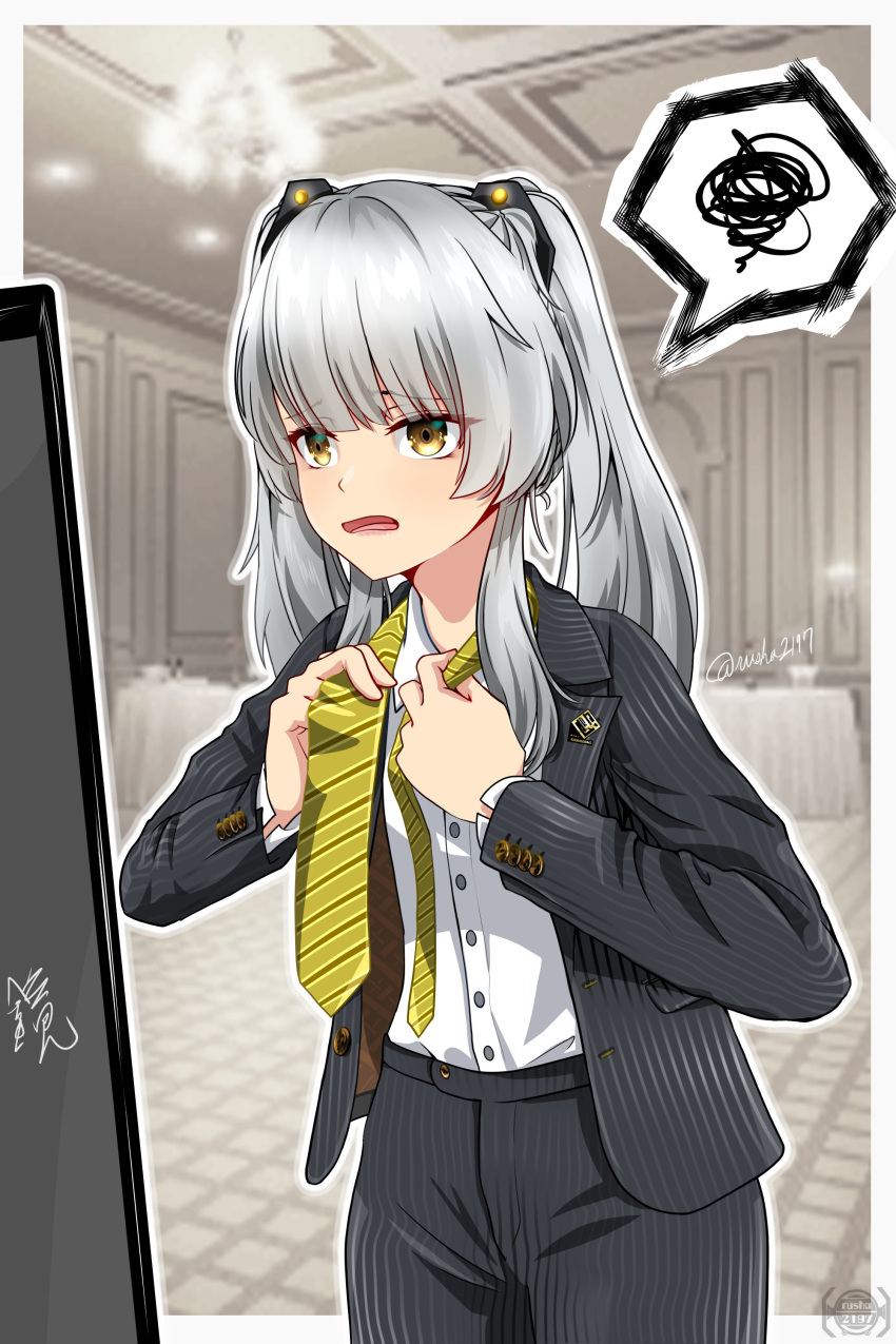 1girl, absurdres, alternate_costume, black_pants, black_suit, buttons, collared_shirt, grey_hair