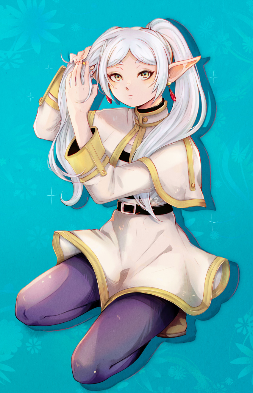 1girl, absurdres, artist_logo, artist_name, belt, blue_background, blush, boots
