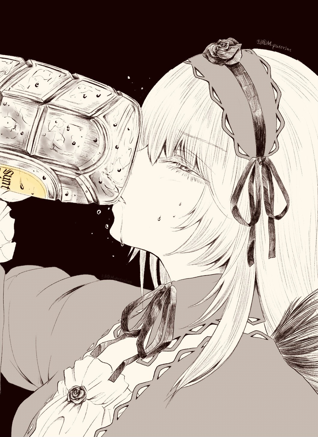 1girl, bottle, breasts, chugging, commentary_request, detached_collar, dress, drinking