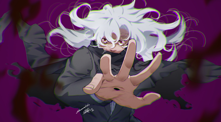 1boy, black_cape, black_jacket, boku_no_hero_academia, cape, hamanekoko, highres, jacket, long_hair, looking_at_viewer, outstretched_arm, reaching, reaching_towards_viewer, red_eyes, shigaraki_tomura, solo, suit_jacket, white_hair, wrinkled_skin