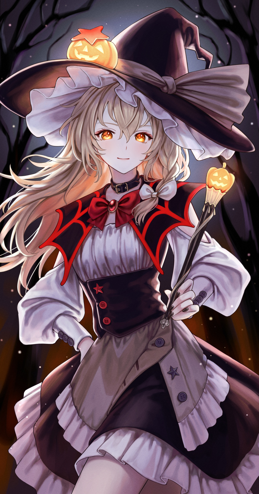 1girl, absurdres, adapted_costume, bare_tree, black_headwear, black_nails, black_skirt, blonde_hair