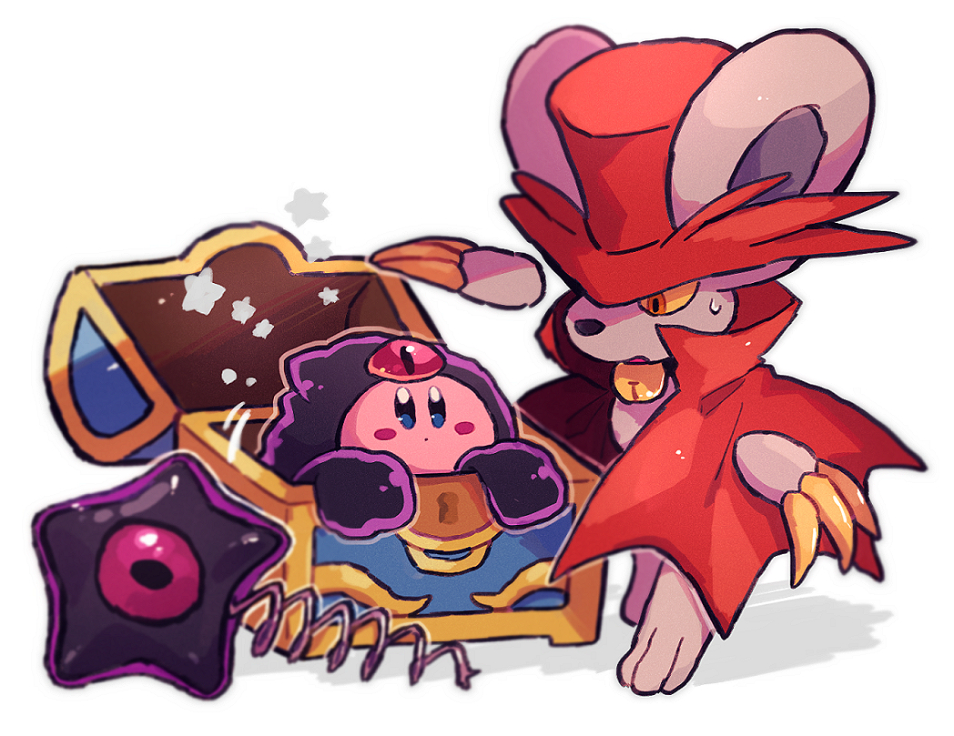 animal_ears, blush_stickers, cape, chiimako, claws, colored_sclera, cosplay, dark_nebula, dark_nebula_(cosplay), daroach, disembodied_limb, kirby, kirby_(series), kirby_squeak_squad, mouse_ears, red_cape, red_headwear, solid_oval_eyes, star_(symbol), sweat, treasure_chest, yellow_sclera