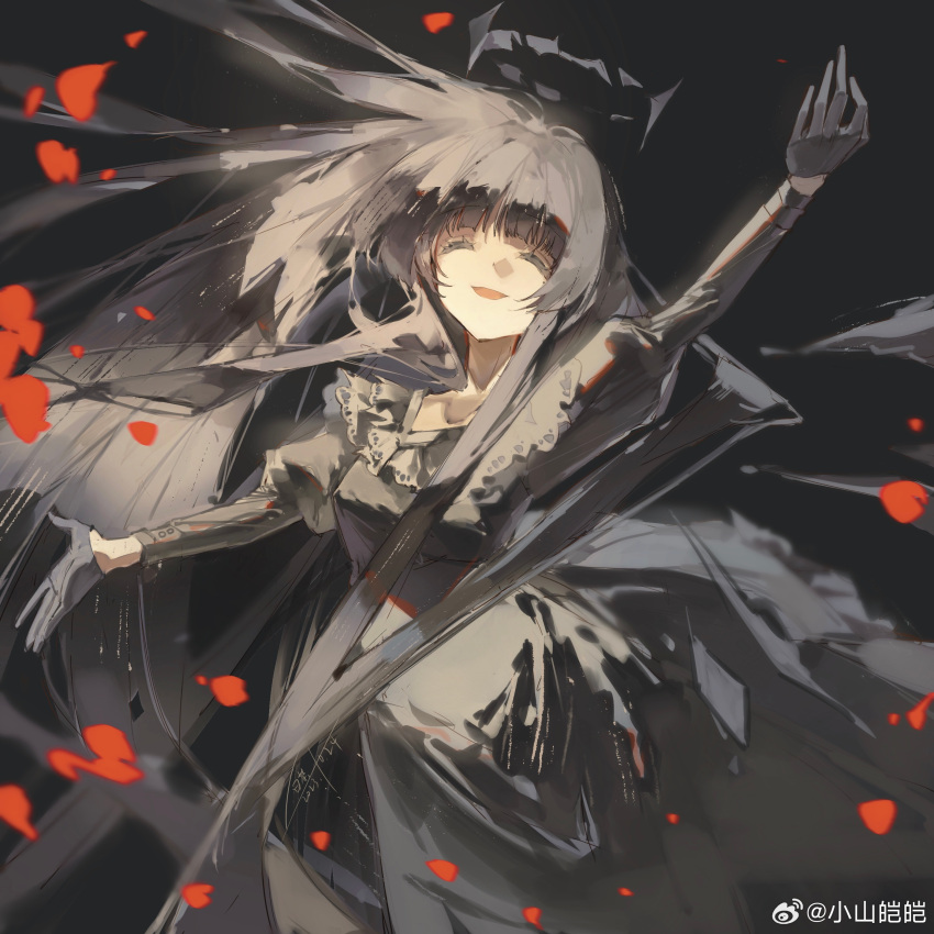 1girl, absurdres, arknights, arm_up, artist_name, black_background, black_dress, black_gloves