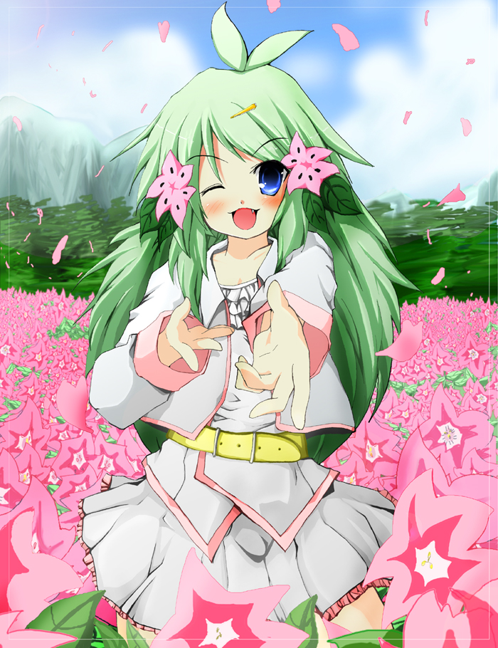 belt, blue_eyes, blush, fang, flower, green_hair, hair_flower, hair_ornament