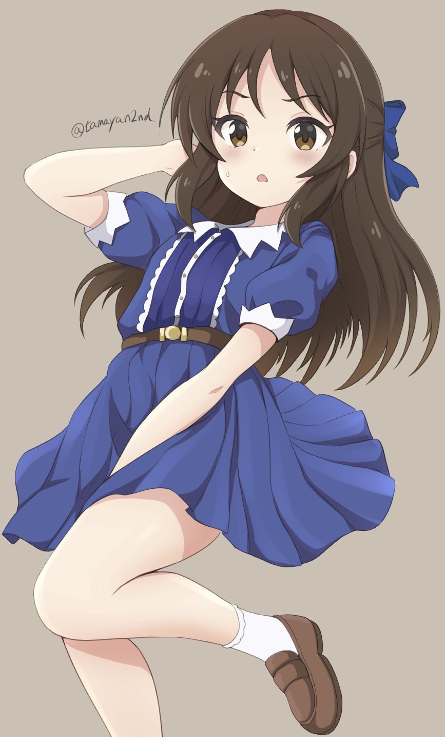 1girl, black_hair, blue_bow, blue_dress, blush, bow, brown_eyes, brown_footwear