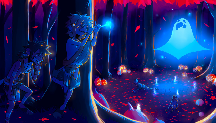 4boys, absurdres, apparition, autumn_leaves, bed_sheet, blue_fire, candle, child, closed_eyes, connor_(snaps), english_commentary, fire, floating, floating_object, glowing, halloween, hiding, highres, instrument, jack-o'-lantern, laughing, magic, male_focus, multiple_boys, music, night, original, playing_instrument, scared, shiloh_(snaps), tree, uhhh_snaps